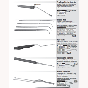 Scoville-type Ret with Suction 5008 / Foraminal Probes 5001-SM to 5001-XL / Spine Curettes 5060-01 to 5060-04 / Rogozinski Offset Ring Curette 5020 / Mobasser Bayonet Fcp 5082